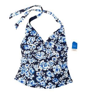 Lands' End Twist Halter Tankini Top Sz 6 Deep Sea Navy Painted Floral